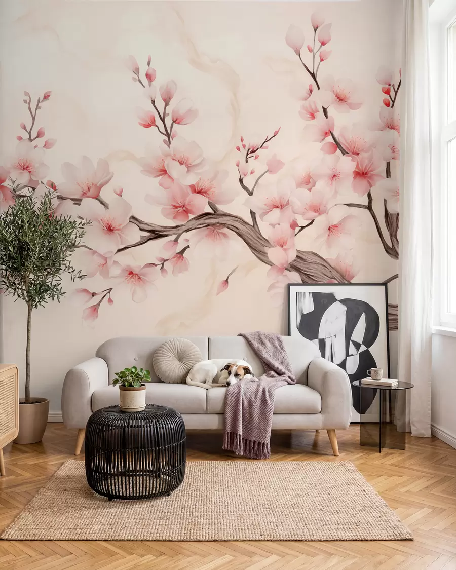 wall murals A delicate cherry blossom branch with soft pink flowers on a light background w03079