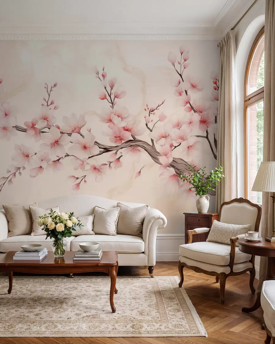 wall murals A delicate cherry blossom branch with soft pink flowers on a light background w03079