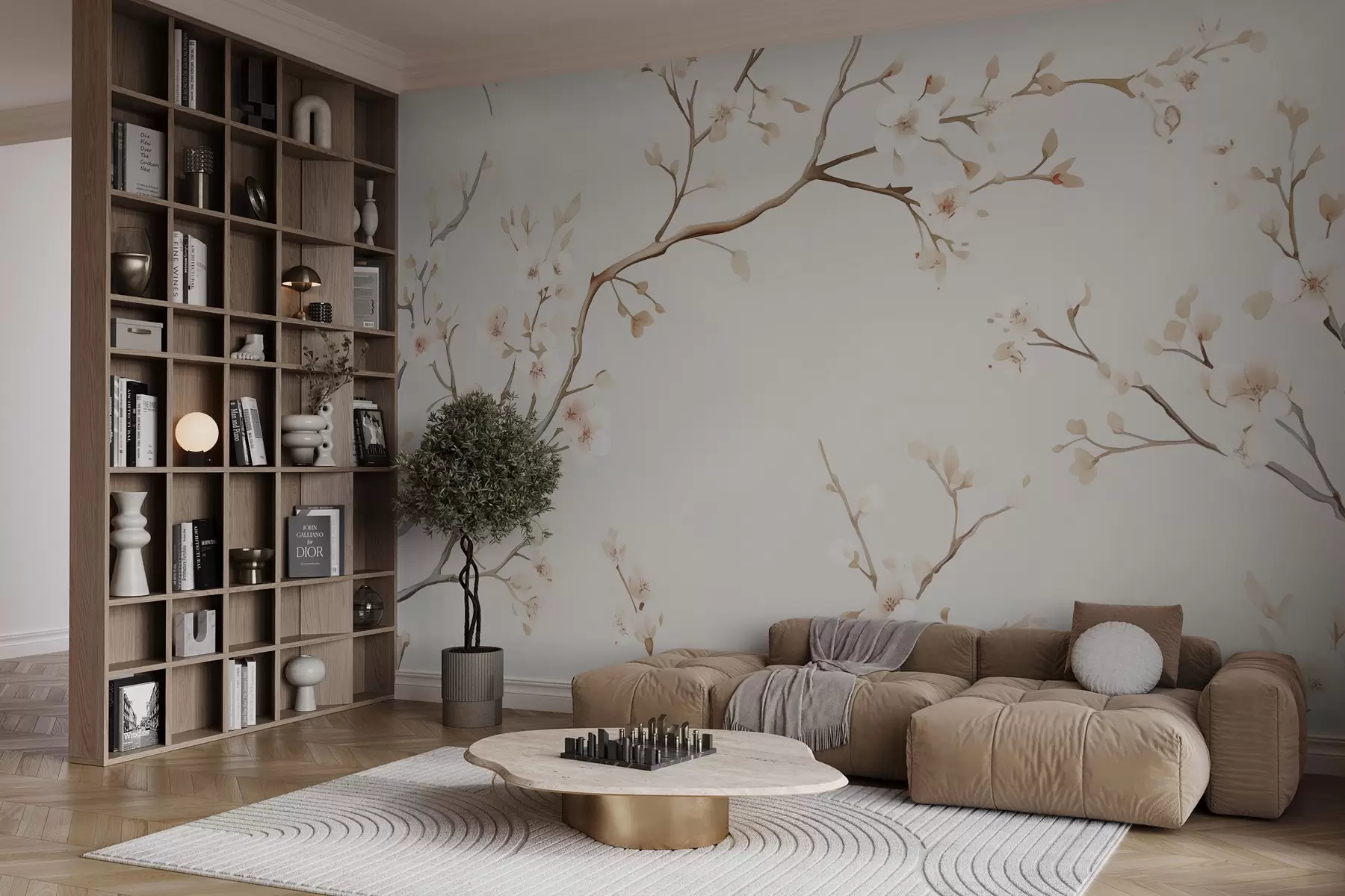 wall murals Delicate branches of blooming sakura with soft pink petals on a light background w03081
