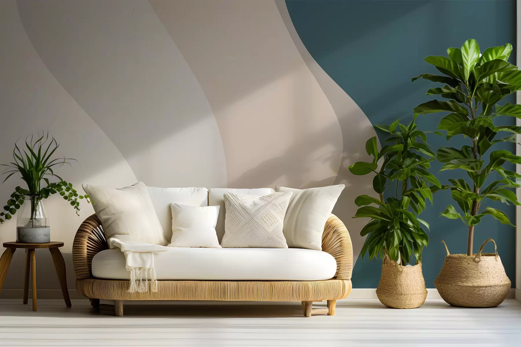 wall murals Abstract pattern with smooth, wavy lines in shades of white, beige, and dark blue w03084v1