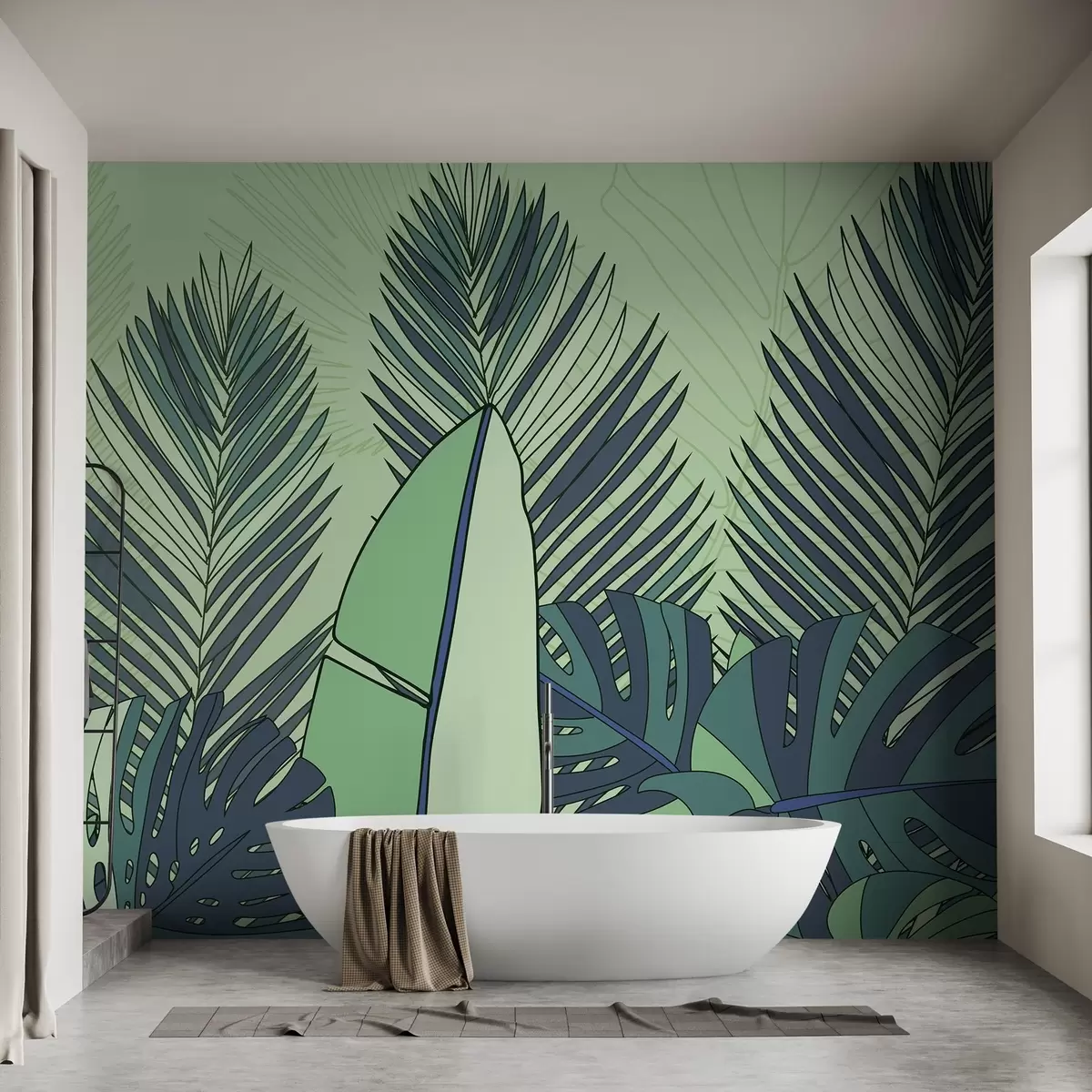 wall murals Tropical illustration with large banana leaves and palm fronds in shades of green w03085
