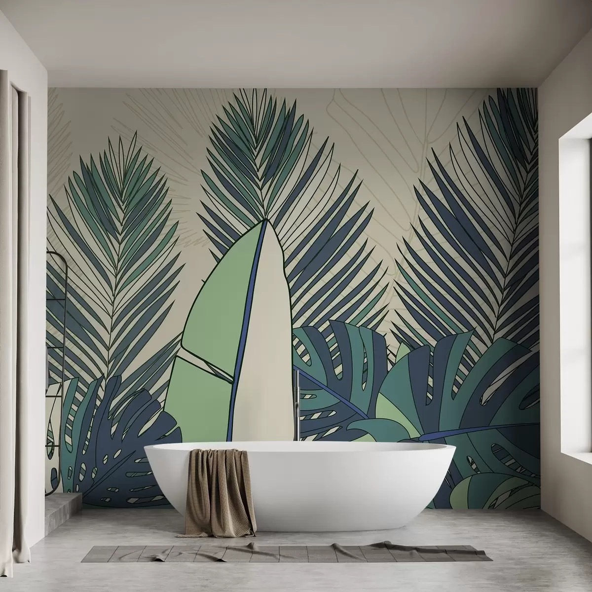 wall murals Stylized tropical illustration with green banana leaves and palm fronds on a light background w03085v1