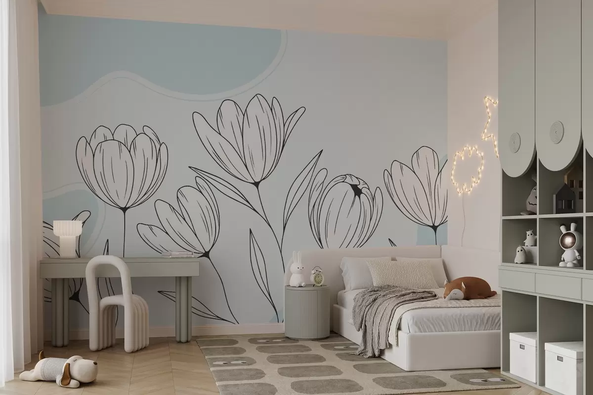 wall murals Minimalist illustration of tulips in a black-and-white style on a light background with soft blue accents w03086v1