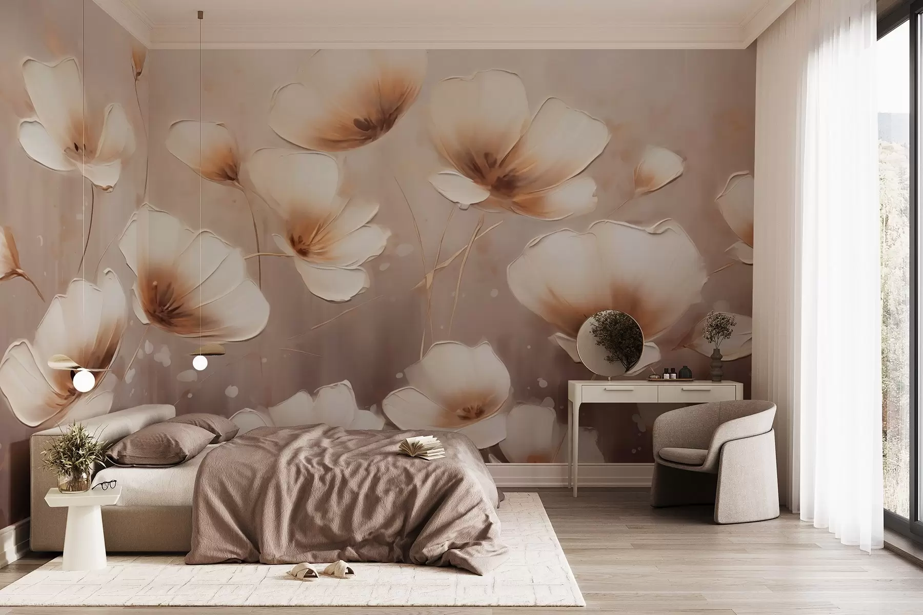 wall murals Elegant flowers with delicate, soft petals in beige-red shades w08746v2