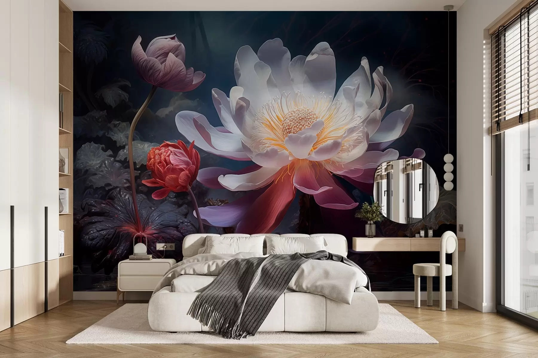 wall murals Fantastic flowers blooming in a fairy-tale dark atmosphere w08747