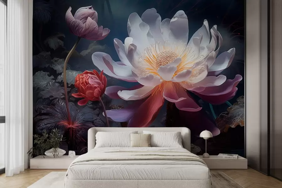 wall murals Fantastic flowers blooming in a fairy-tale dark atmosphere w08747