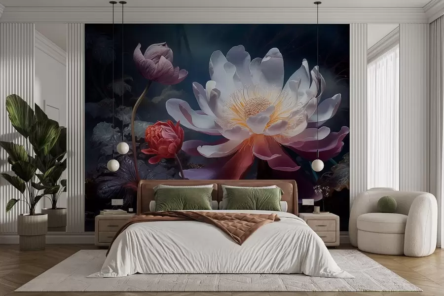 wall murals Fantastic flowers blooming in a fairy-tale dark atmosphere w08747