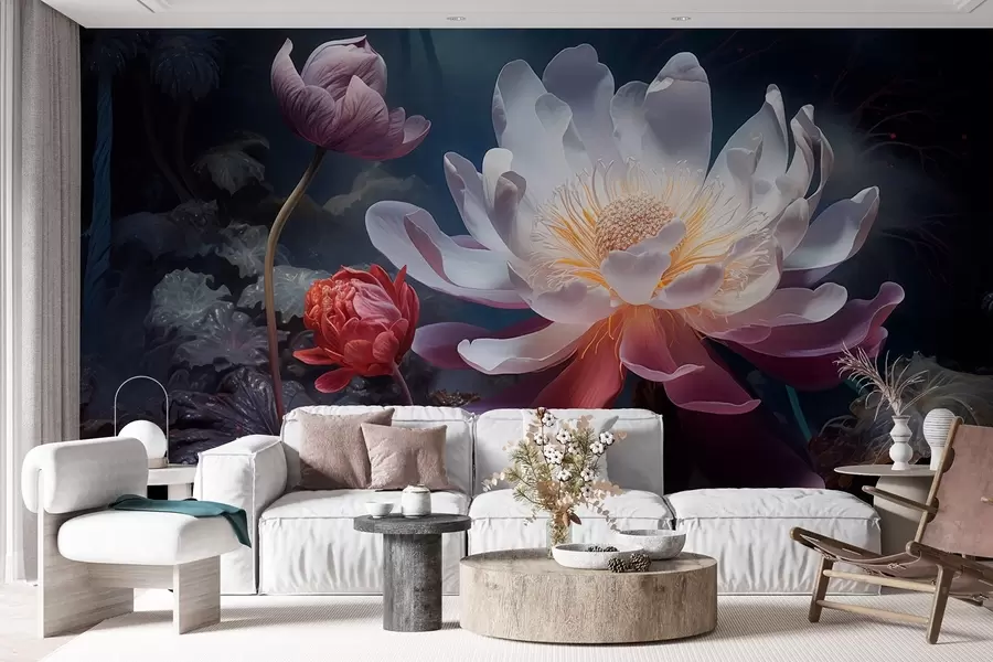 wall murals Fantastic flowers blooming in a fairy-tale dark atmosphere w08747