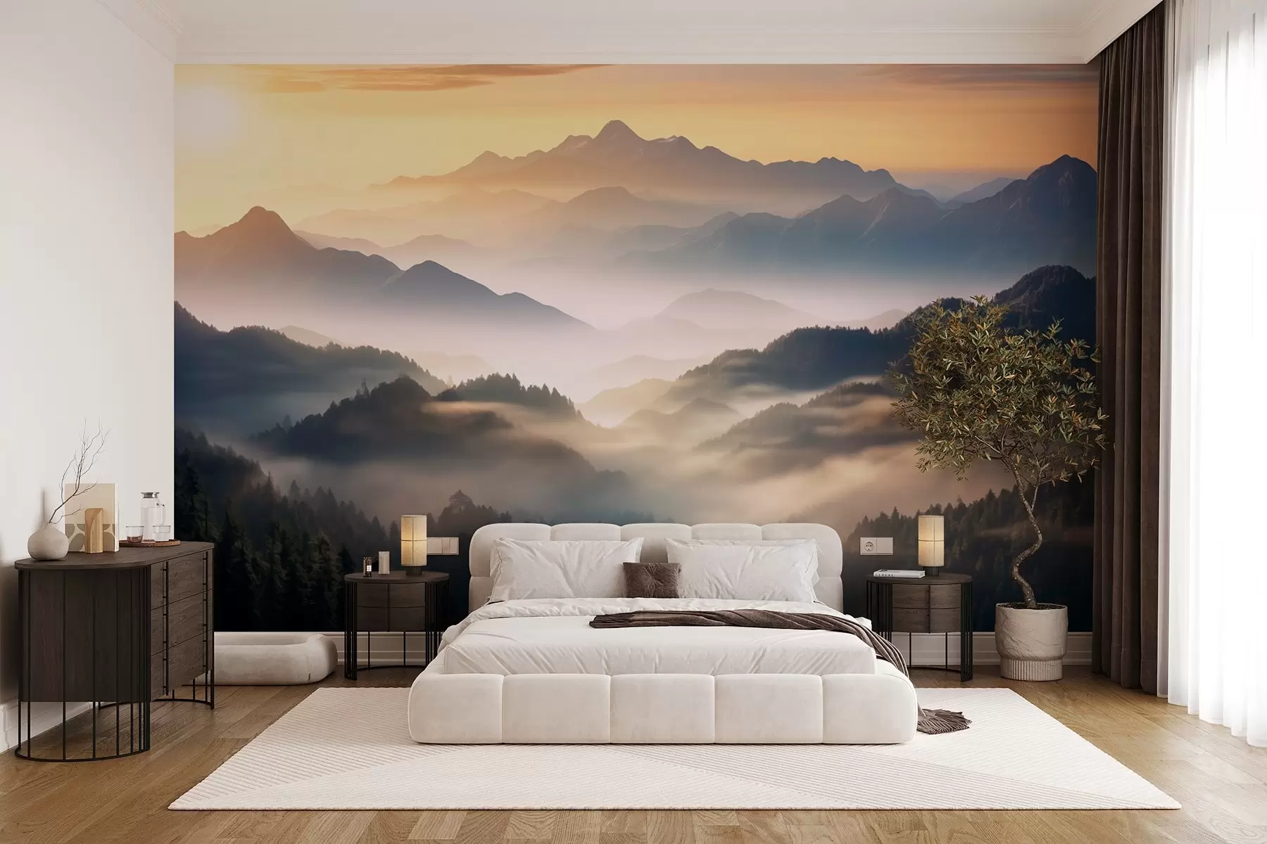 wall murals Serene mountain landscape at dawn, with soft mist enveloping the pines w08748