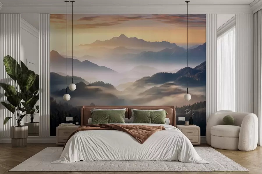 wall murals Serene mountain landscape at dawn, with soft mist enveloping the pines w08748