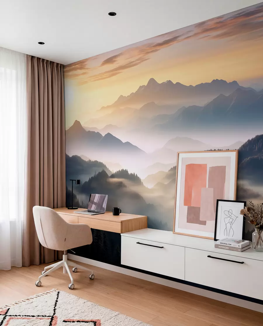 wall murals Serene mountain landscape at dawn, with soft mist enveloping the pines w08748
