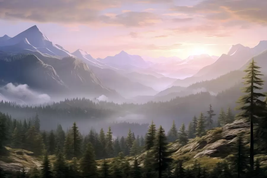 wall murals Serene mountain landscape at dawn with soft mist against a forest backdrop w08750