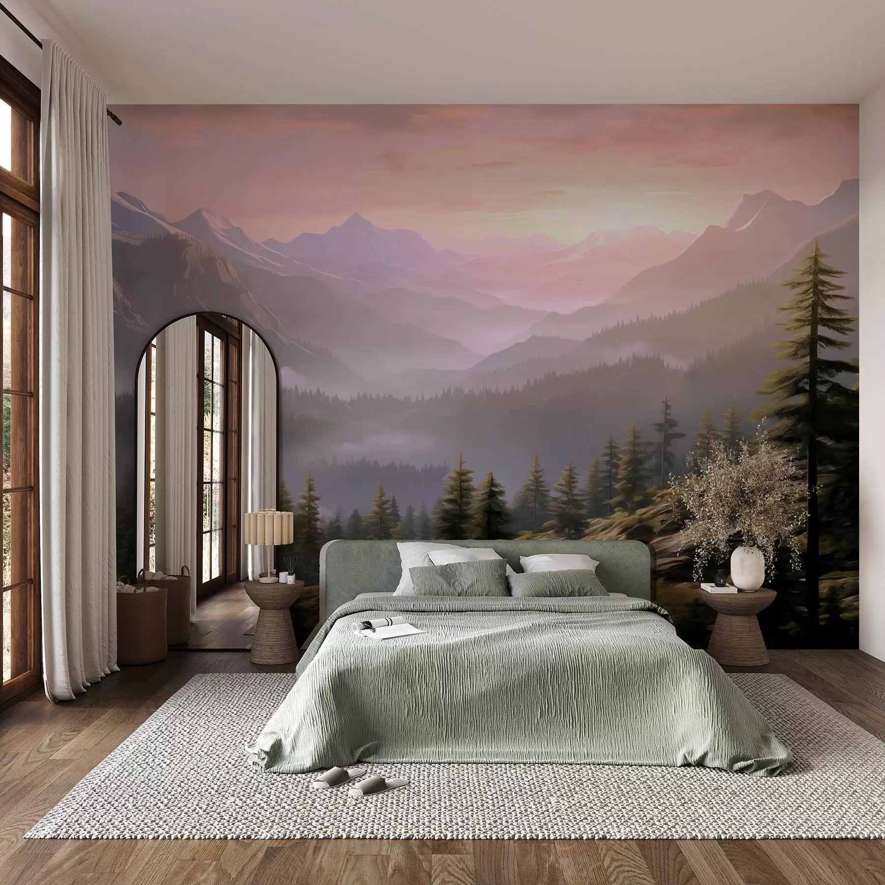 wall murals Serene mountain landscape at dawn with soft mist against a forest backdrop w08750
