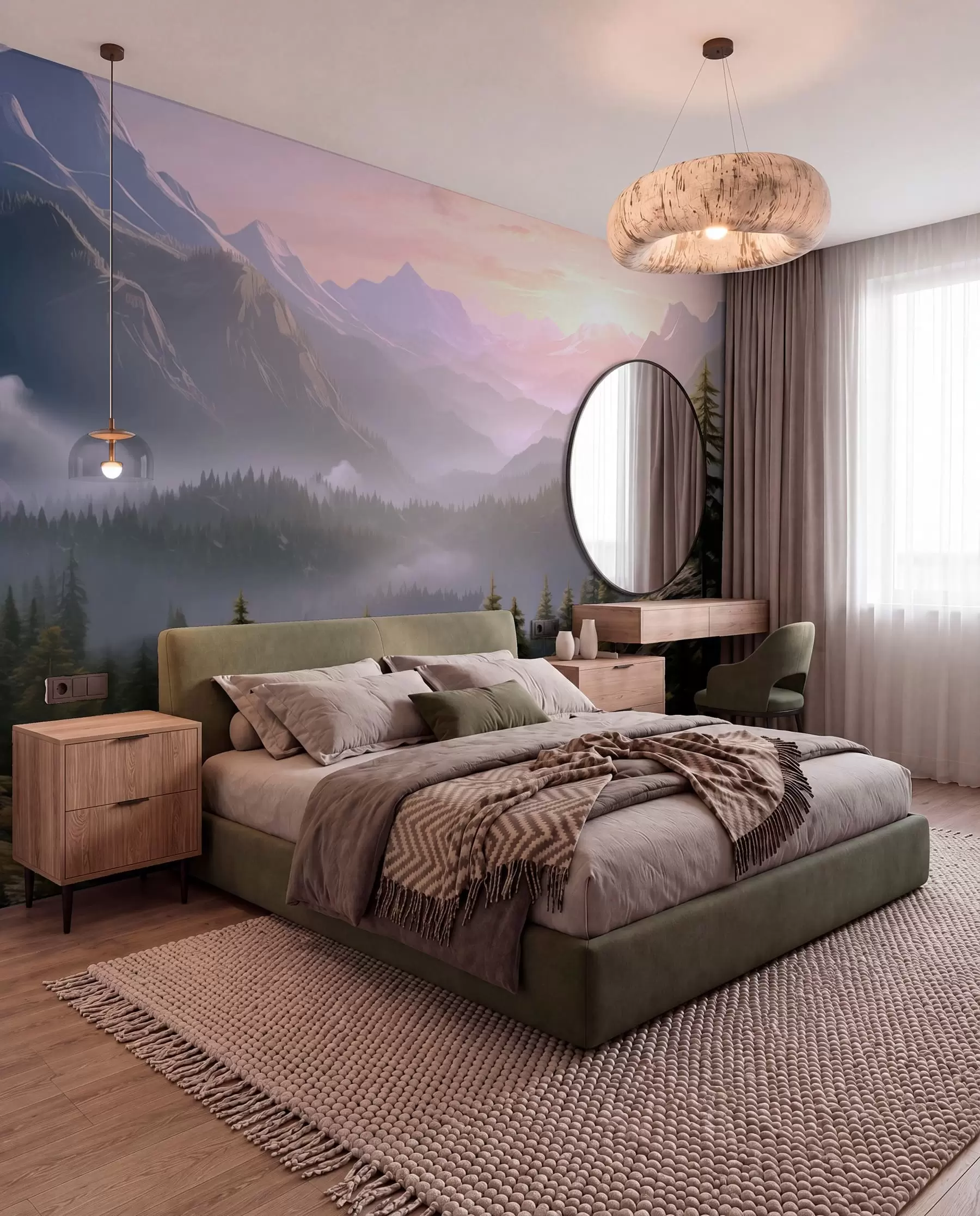 wall murals Serene mountain landscape at dawn with soft mist against a forest backdrop w08750