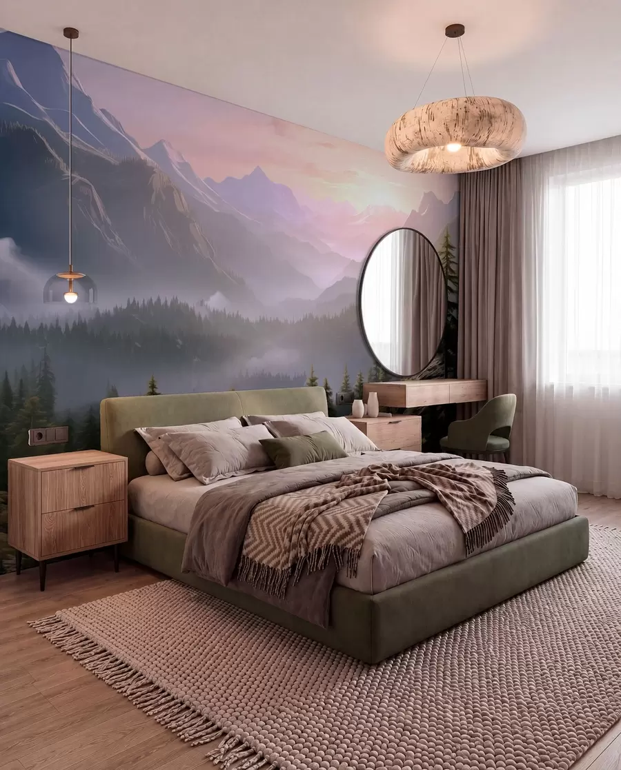 wall murals Serene mountain landscape at dawn with soft mist against a forest backdrop w08750