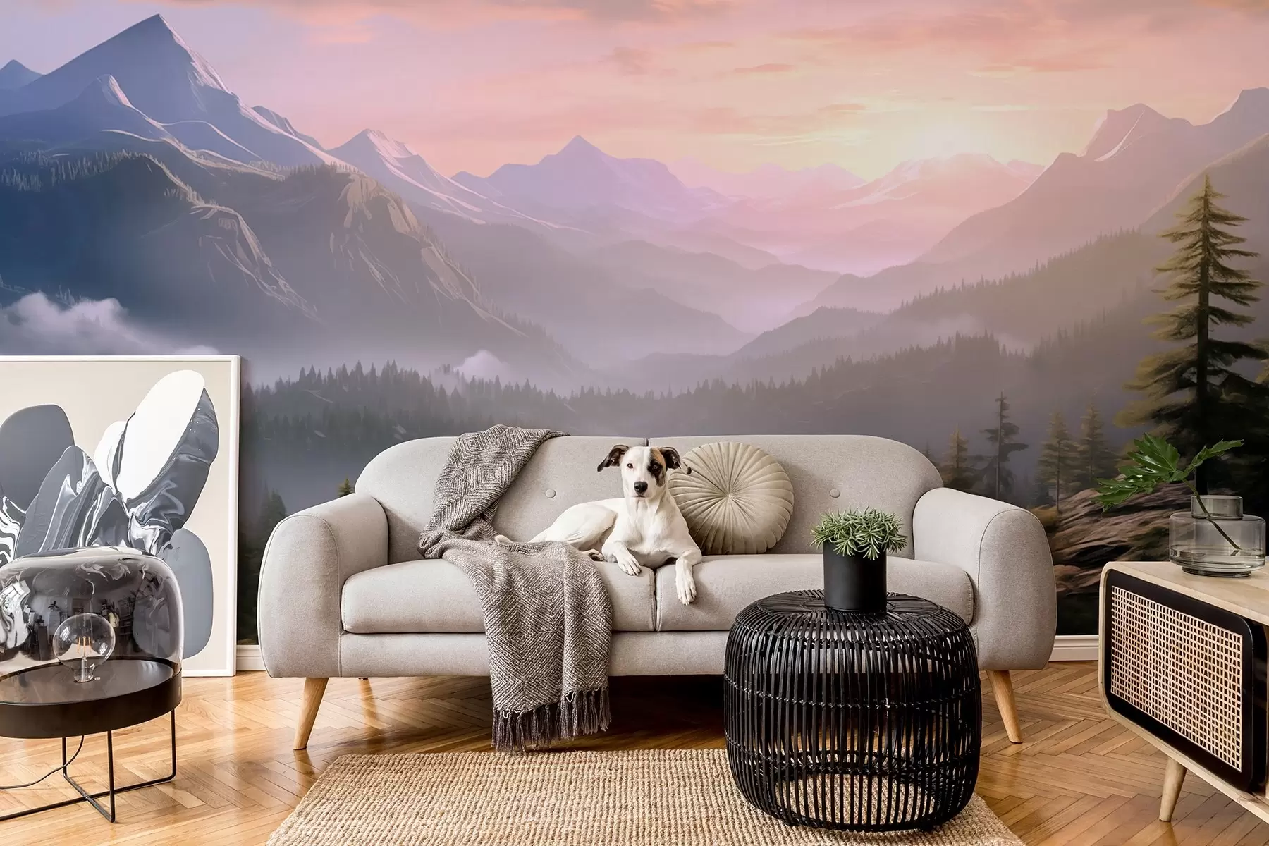 wall murals Serene mountain landscape at dawn with soft mist against a forest backdrop w08750