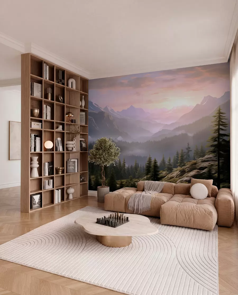 wall murals Serene mountain landscape at dawn with soft mist against a forest backdrop w08750
