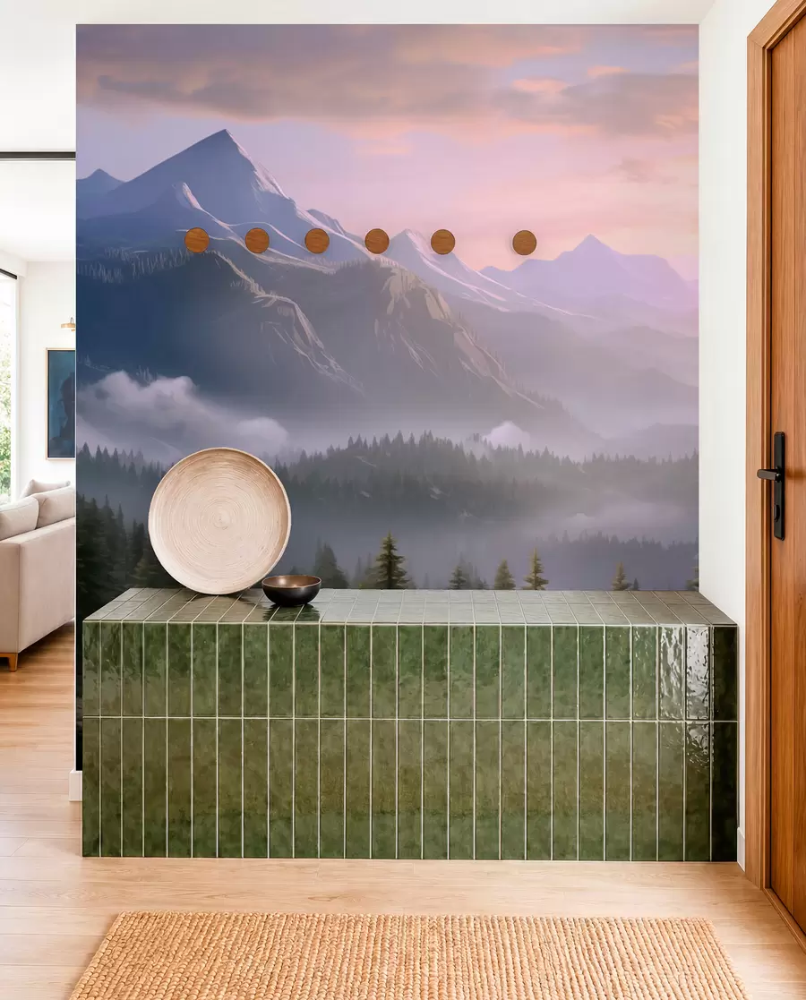 wall murals Serene mountain landscape at dawn with soft mist against a forest backdrop w08750