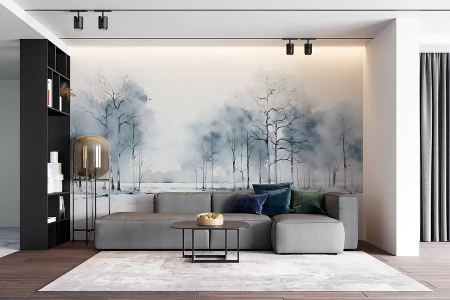 wall murals Blue trees in a watercolor style on a white background w08753