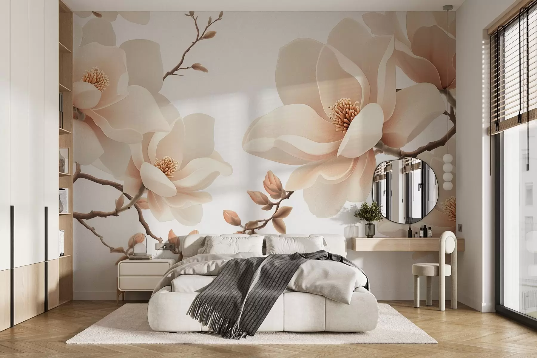 wall murals Cream-colored magnolia branches on a white background w08755