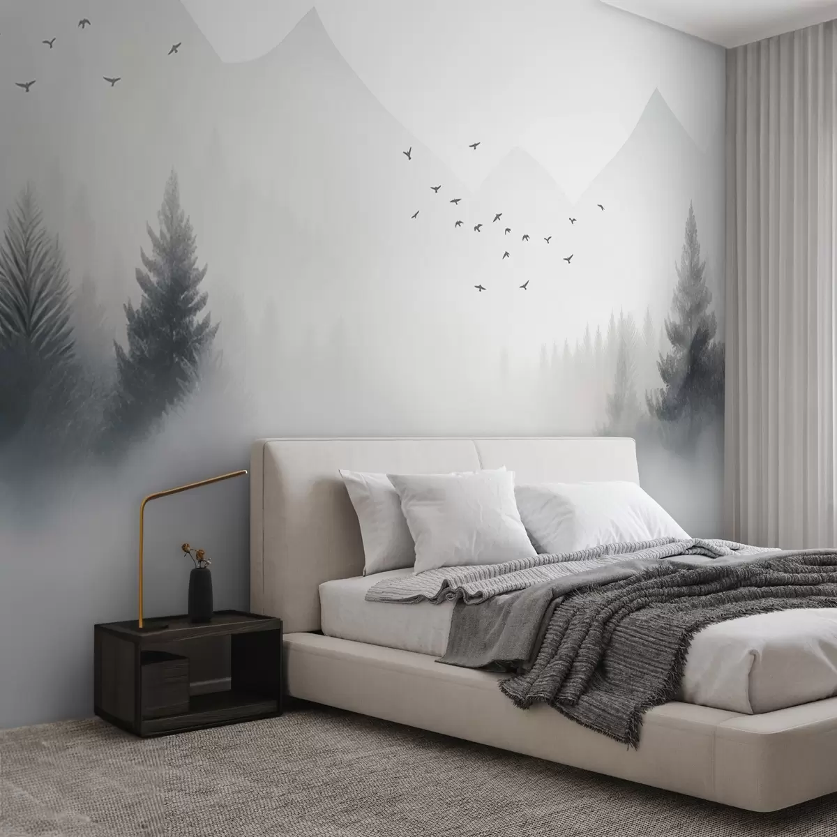 wall murals Serene winter forest on a mountainside in shades of white and light gray w08756