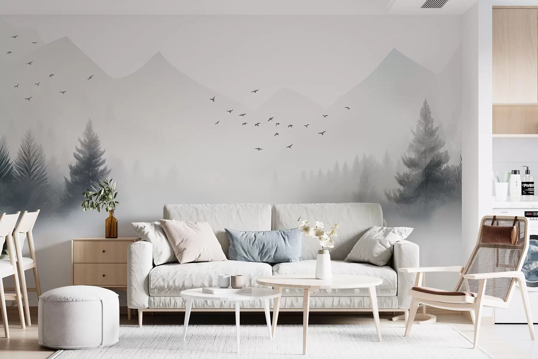 wall murals Serene winter forest on a mountainside in shades of white and light gray w08756