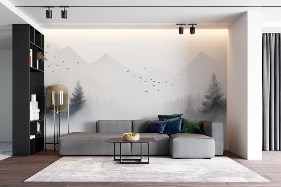 wall murals Serene winter forest on a mountainside in shades of white and light gray w08756