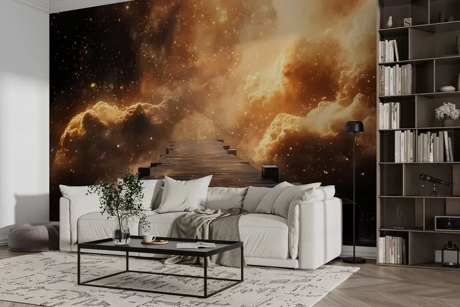 wall murals Cosmic yellow-black starry sky with a wooden pier w08723