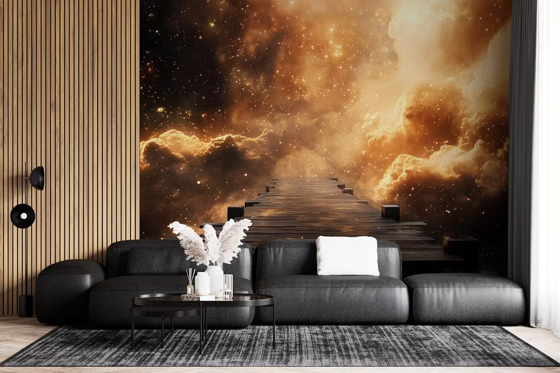 wall murals Cosmic yellow-black starry sky with a wooden pier w08723
