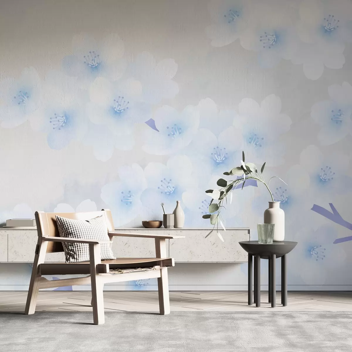 wall murals Delicate branches with blue flowers w03099v1