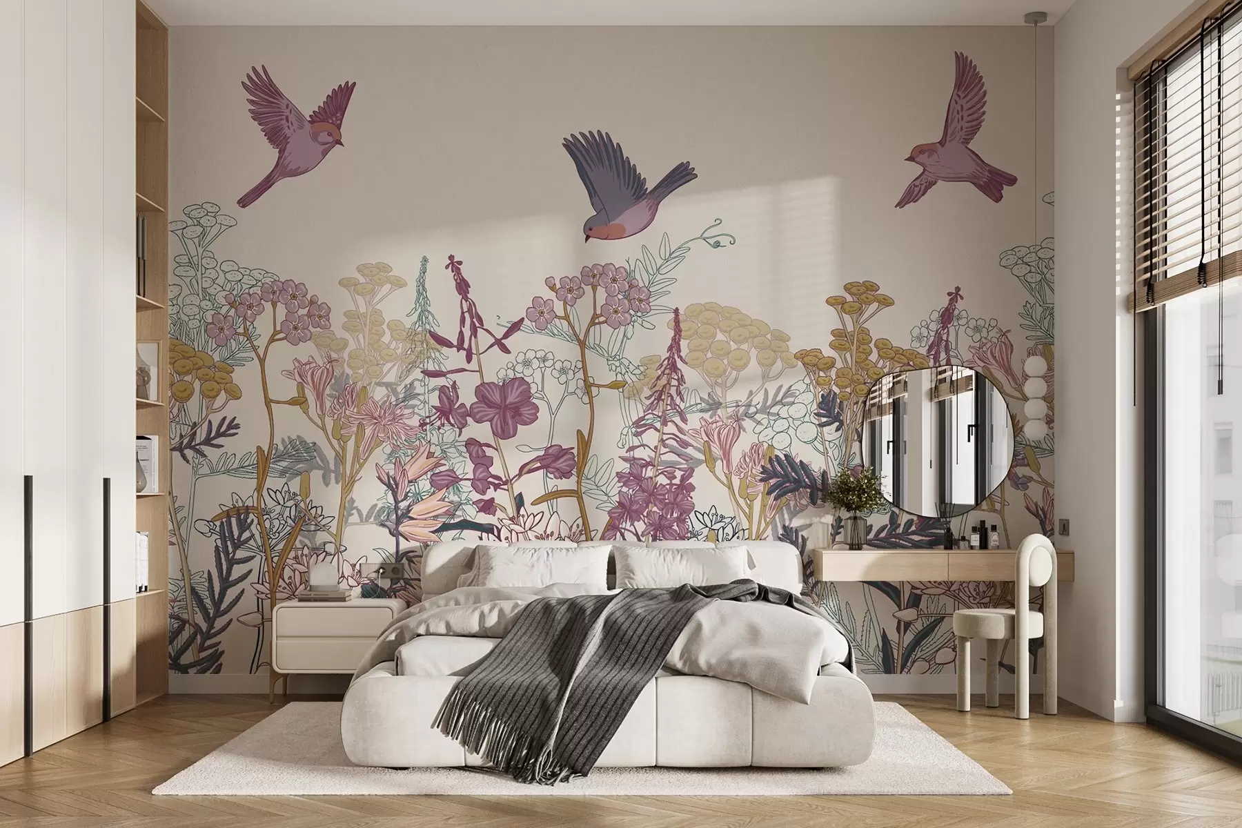 wall murals Painted wildflowers and birds w03102