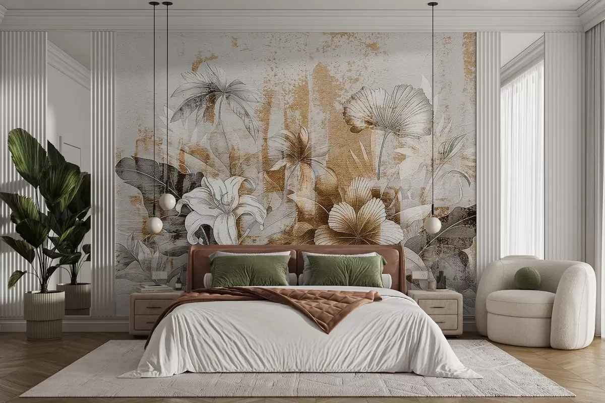 wall murals Vintage design with exotic flowers and plants w08767