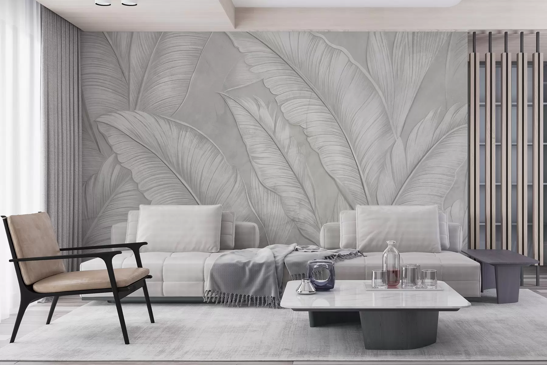 wall murals Highly-textured detailed large tropical leaves in a monochromatic light gray color in loft style  w08772