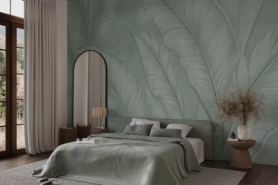 wall murals Highly-textured detailed large tropical leaves in a monochromatic green color in loft style  w08772v1
