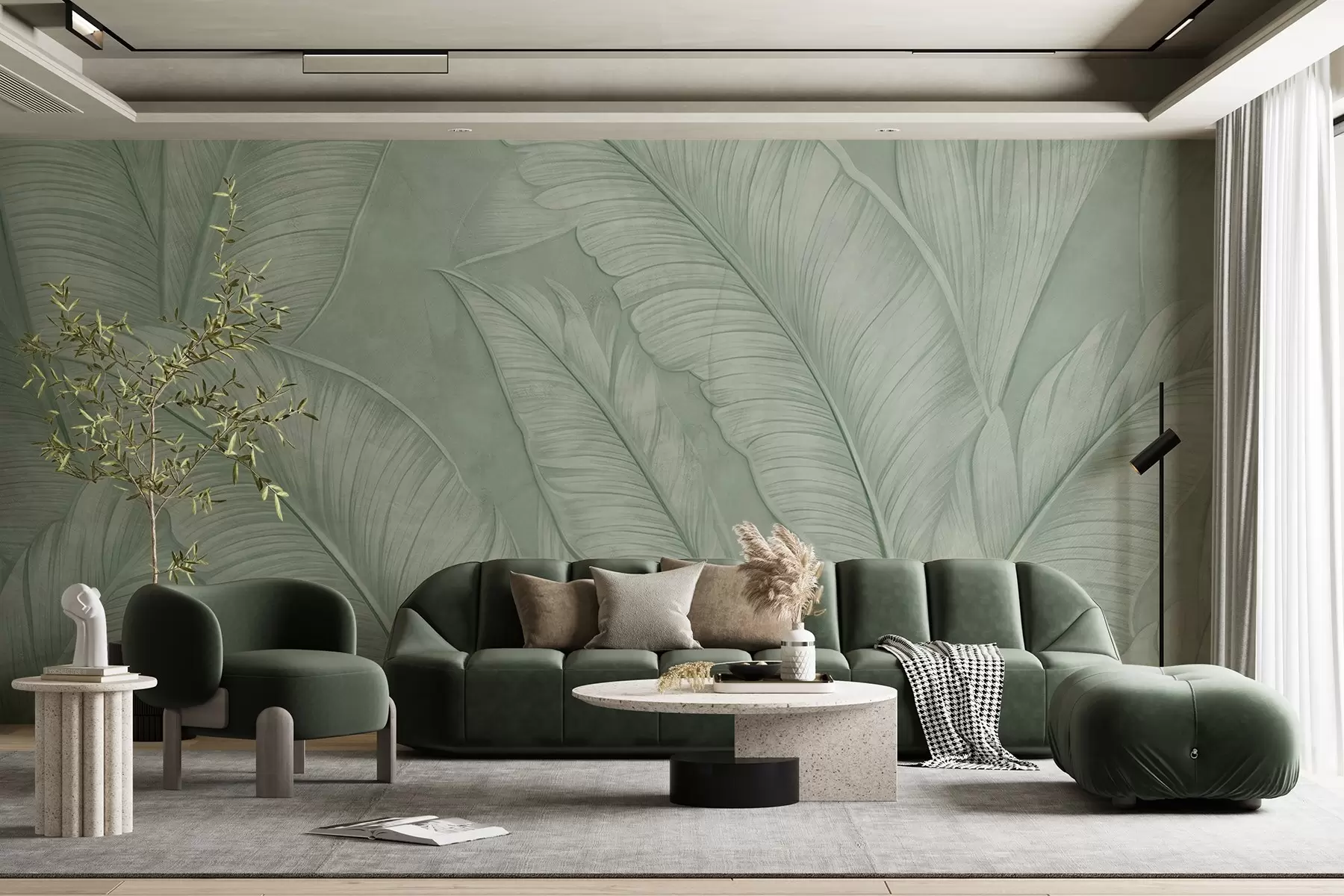 wall murals Highly-textured detailed large tropical leaves in a monochromatic green color in loft style  w08772v1