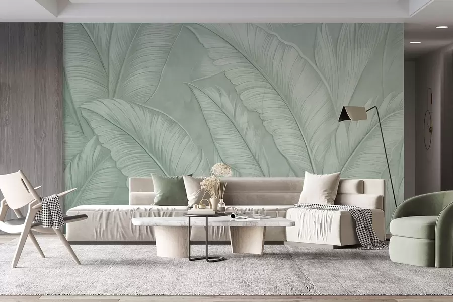 wall murals Highly-textured detailed large tropical leaves in a monochromatic green color in loft style  w08772v1