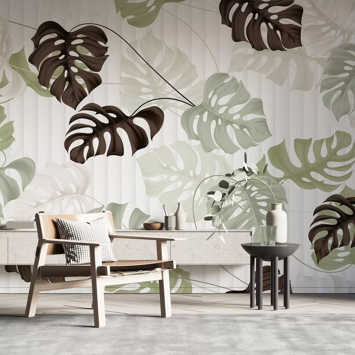 wall murals Monstera leaves in shades of green, white and dark brown, against a light, striped-textured background w08773