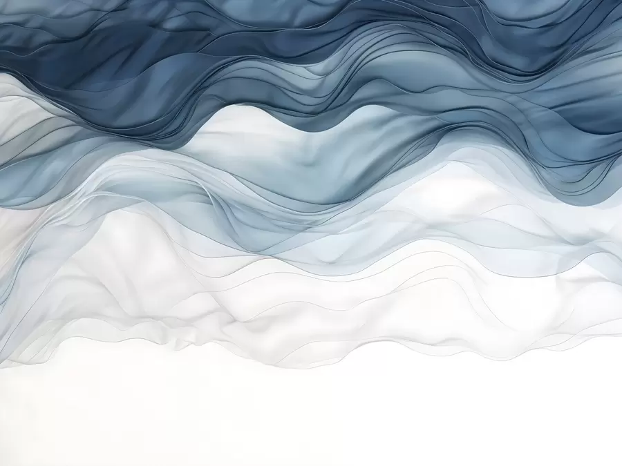 wall murals Flowing waves of translucent textures in shades of dark blue , light blue and white on a light background  w08775