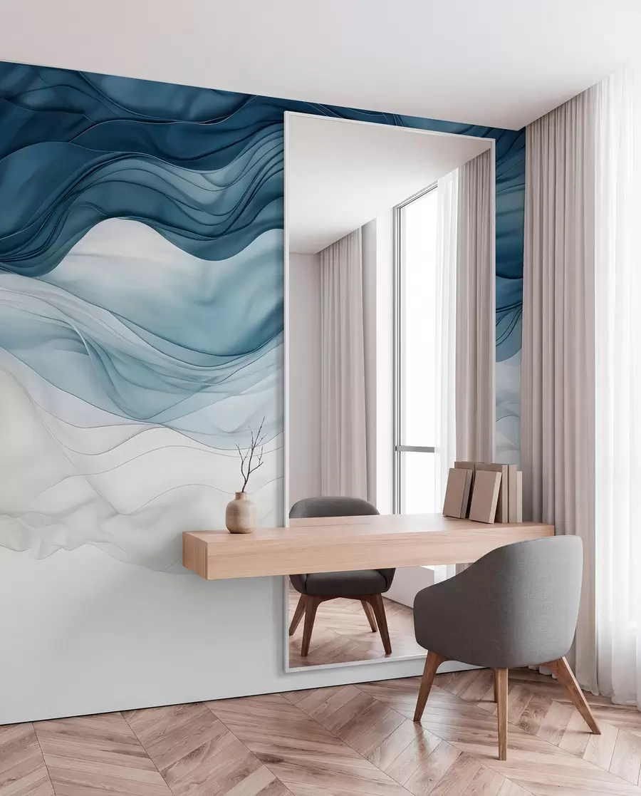 wall murals Flowing waves of translucent textures in shades of dark blue , light blue and white on a light background  w08775