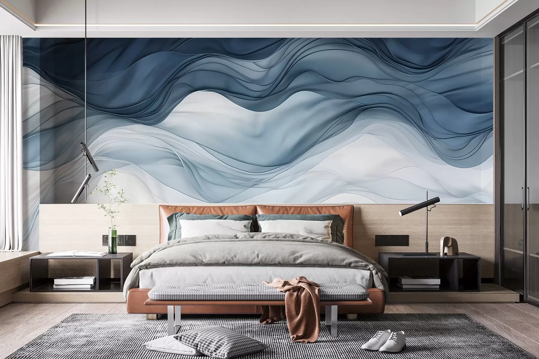 wall murals Flowing waves of translucent textures in shades of dark blue , light blue and white on a light background  w08775
