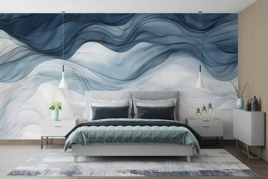 wall murals Flowing waves of translucent textures in shades of dark blue , light blue and white on a light background  w08775
