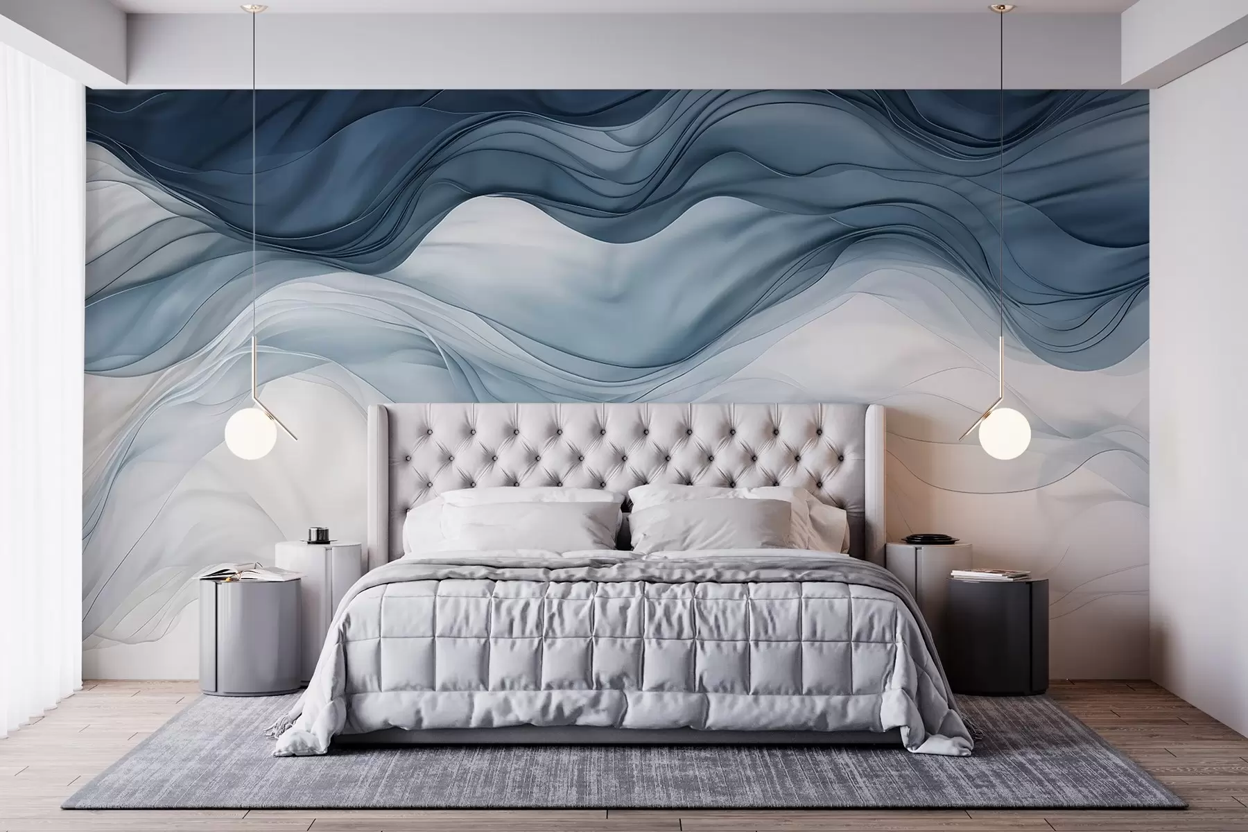 wall murals Flowing waves of translucent textures in shades of dark blue , light blue and white on a light background  w08775
