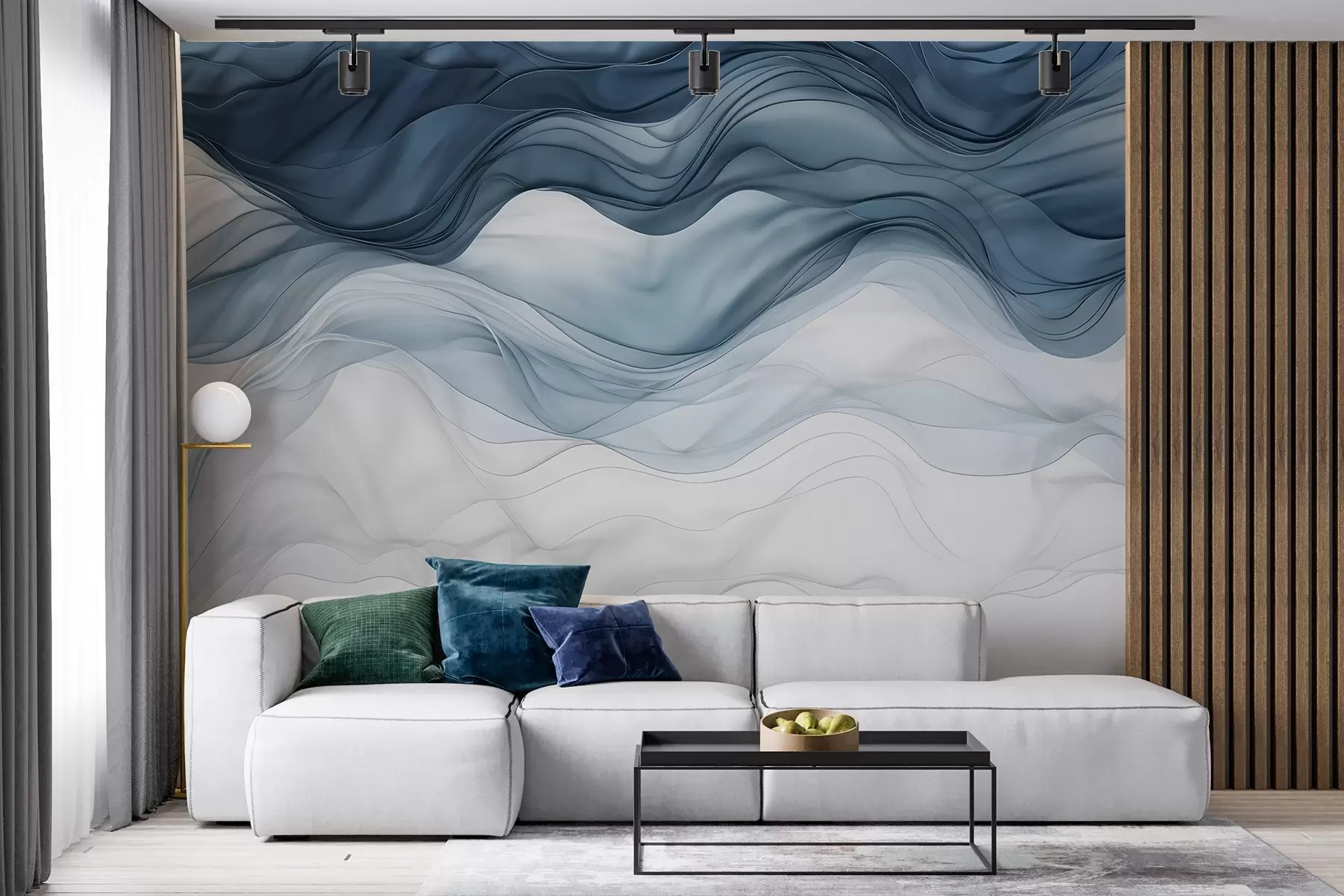 wall murals Flowing waves of translucent textures in shades of dark blue , light blue and white on a light background  w08775