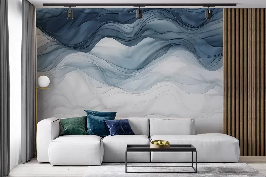 wall murals Flowing waves of translucent textures in shades of dark blue , light blue and white on a light background  w08775