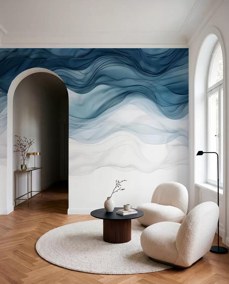 wall murals Flowing waves of translucent textures in shades of dark blue , light blue and white on a light background  w08775