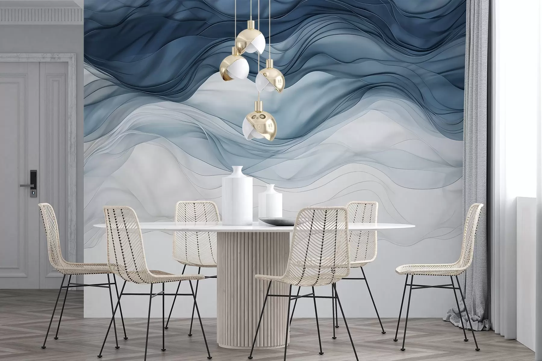 wall murals Flowing waves of translucent textures in shades of dark blue , light blue and white on a light background  w08775