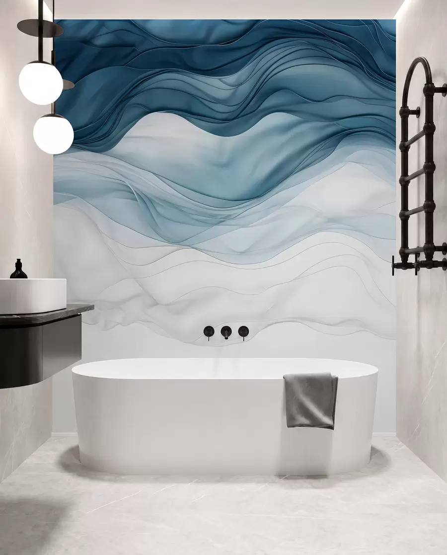wall murals Flowing waves of translucent textures in shades of dark blue , light blue and white on a light background  w08775