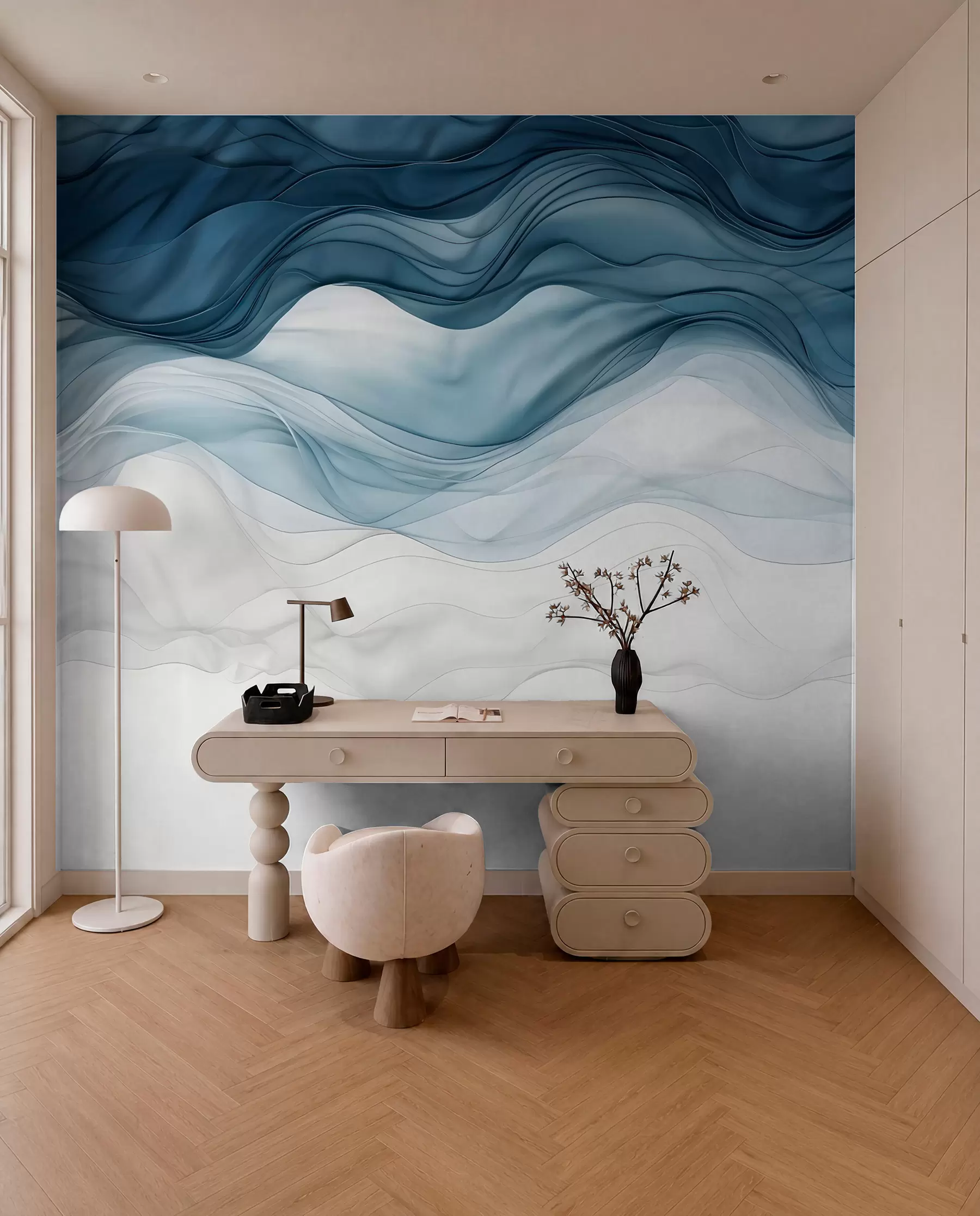 wall murals Flowing waves of translucent textures in shades of dark blue , light blue and white on a light background  w08775