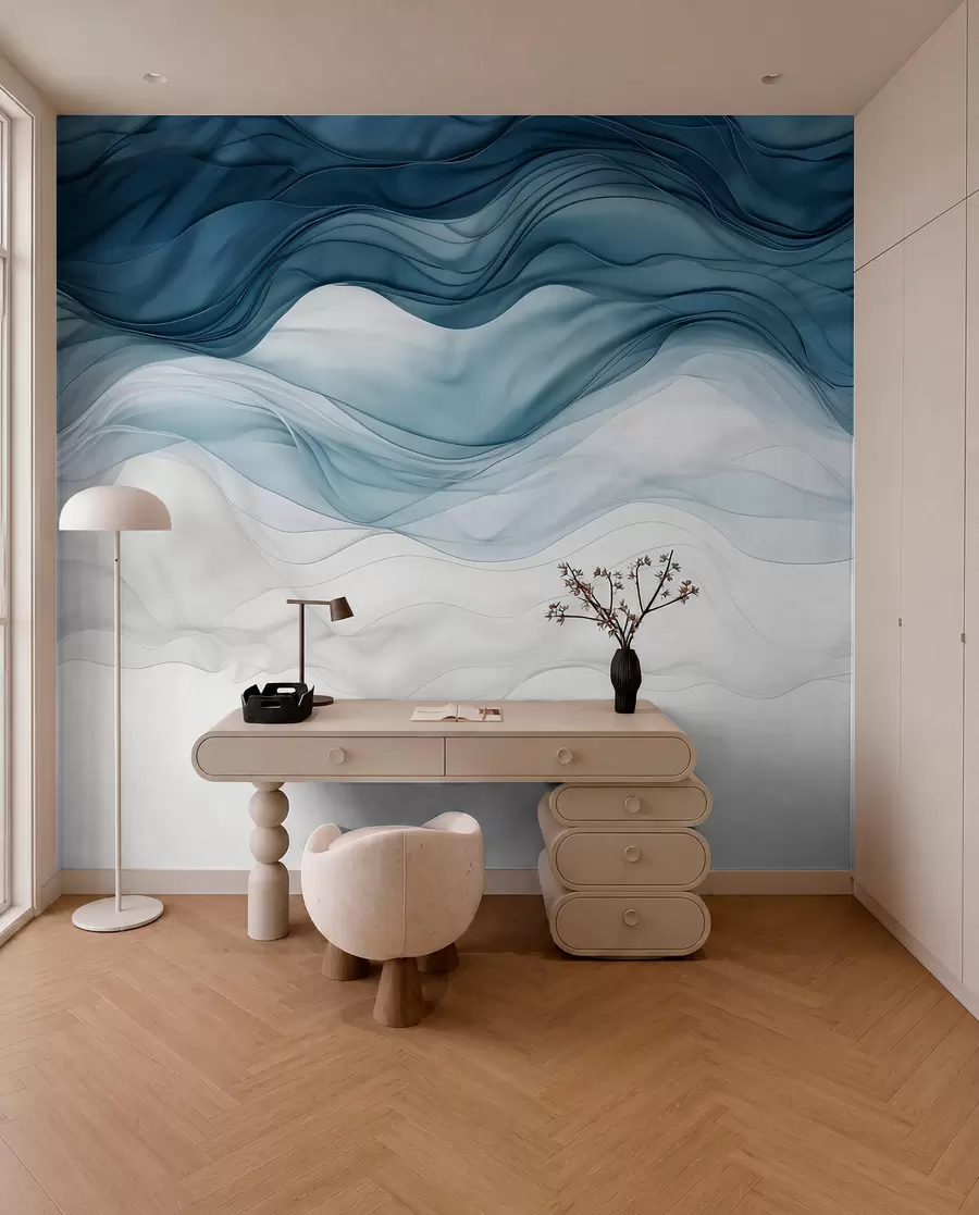 wall murals Flowing waves of translucent textures in shades of dark blue , light blue and white on a light background  w08775