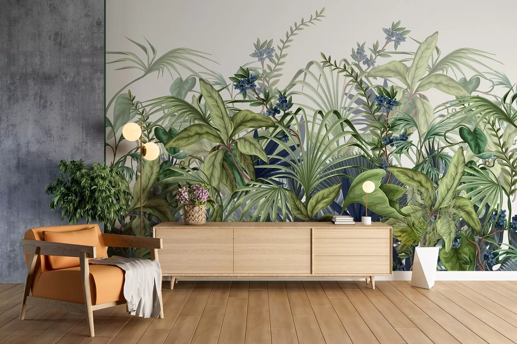 wall murals Arrangement of various tropical plants with large green leaves, creating a lush foliage scene on a light beige  w08777
